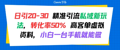 日引 20-30 精准引流私域新玩法，转化率50% 高客单虚拟资料，小白一台手机就能做-优优云网创优优云网创资源站