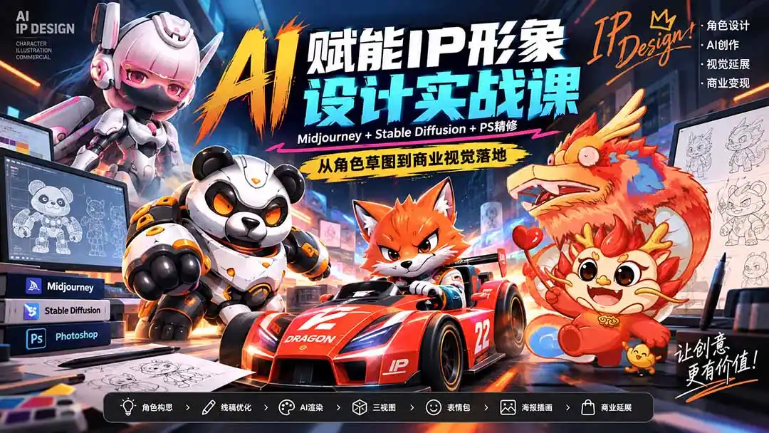 AI赋能IP形象设计实战课-无水印:Midjourney+Stable Diffusion+PS精修,从角色草图到商业视觉落地- 0成本轻资产创业 | 虚拟项目 | 一人公司落地平台|清创生财清风筹谋网赚库