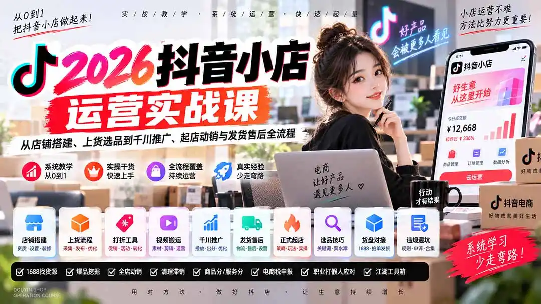 2026抖音小店运营实战课|从店铺搭建、上货选品到千川推广、起店动销与发货售后全流程- 0成本轻资产创业 | 虚拟项目 | 一人公司落地平台|清创生财清风筹谋网赚库