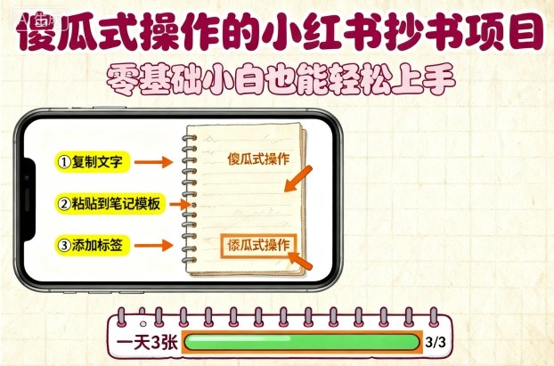 傻瓜式操作的小红书抄书项目，会复制粘贴就行，零基础小白也能一天3张-优优云网创优优云网创资源站