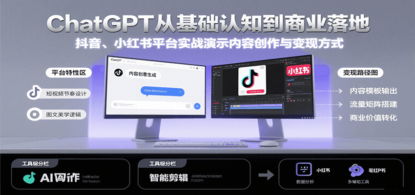 ChatGPT从基础认知到商业落地，实战演示抖音、小红书等平台的内容创作与变现-优优云网创优优云网创资源站