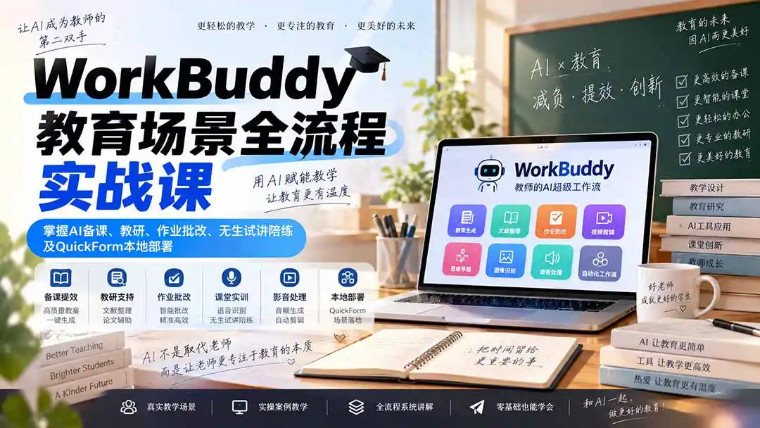 WorkBuddy教育场景全流程实战课:掌握AI备课、教研、作业批改、无生试讲陪练及QuickForm本地部署- 0成本轻资产创业 | 虚拟项目 | 一人公司落地平台|清创生财清风筹谋网赚库