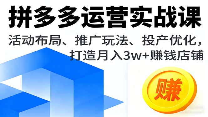 拼多多运营实战课，活动布局、推广玩法、投产优化，打造月入3w+赚钱店铺-优优云网创优优云网创资源站