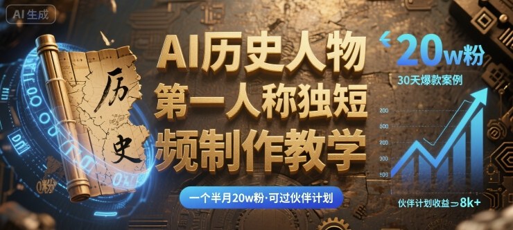 最新AI历史人物第一人称独白短视频制作教学，一个半月20w粉，可过伙伴计划-优优云网创优优云网创资源站