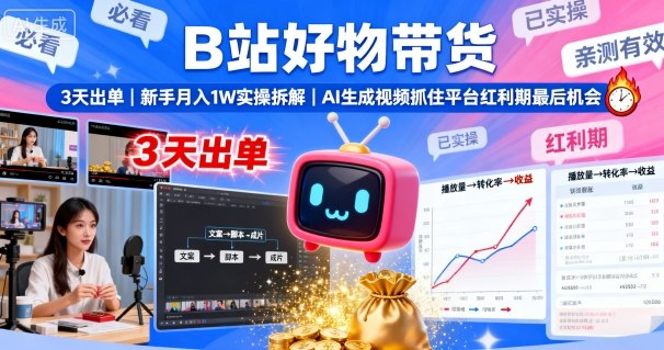 B站好物带货，3天出单，新手月入1W实操拆解，AI生成视频，抓住平台红利期最后机会-优优云网创优优云网创资源站