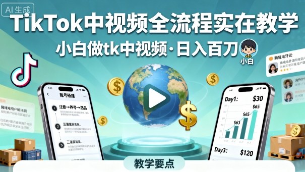 TikTok中视频全流程实操教学，小白做tk中视频，日入百刀-优优云网创优优云网创资源站