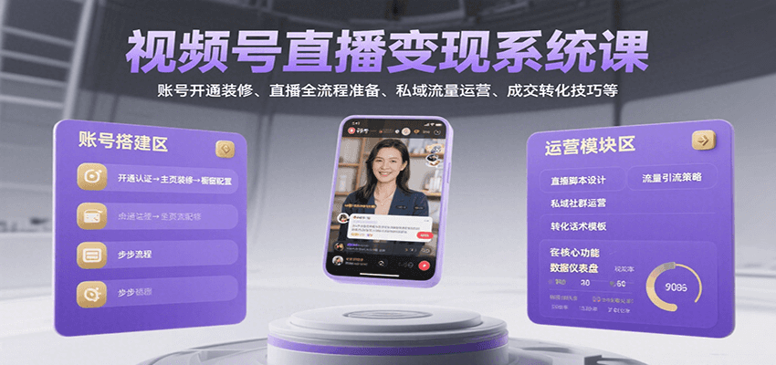 视频号直播变现系统课，账号开通装修、直播全流程准备、私域流量运营、成交转化技巧等-优优云网创优优云网创资源站