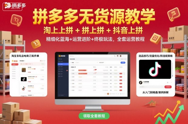 拼多多无货源教学,淘上拼+拼上拼+抖上拼,精细化蓝海+运营进阶+终极玩法,全套运营教程-优优云网创