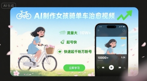 AI制作女孩骑单车治愈视频，流量大，起号快，快速起千粉万粉号-优优云网创优优云网创资源站