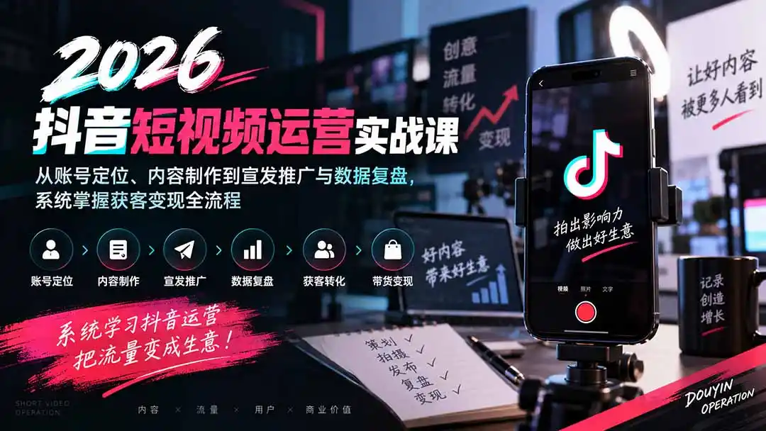 2026抖音短视频运营实战课:从账号定位、内容制作到宣发推广与数据复盘,系统掌握获客变现全流程- 0成本轻资产创业 | 虚拟项目 | 一人公司落地平台|清创生财清风筹谋网赚库