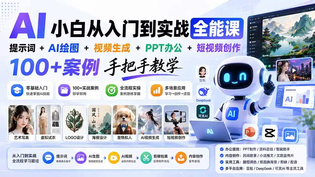 AI小白从入门到实战全能课:提示词+AI绘图+视频生成+PPT办公+短视频创作,100+案例手把手教学- 0成本轻资产创业 | 虚拟项目 | 一人公司落地平台|清创生财清风筹谋网赚库