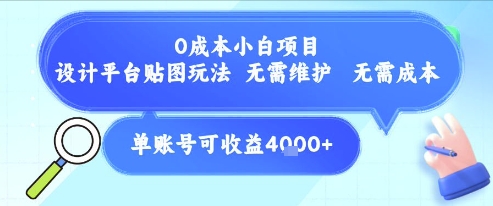 0成本小白项目，设计平台贴图玩法，无需维护，无需成本，单账号单月可产生收益4k+-优优云网创优优云网创资源站