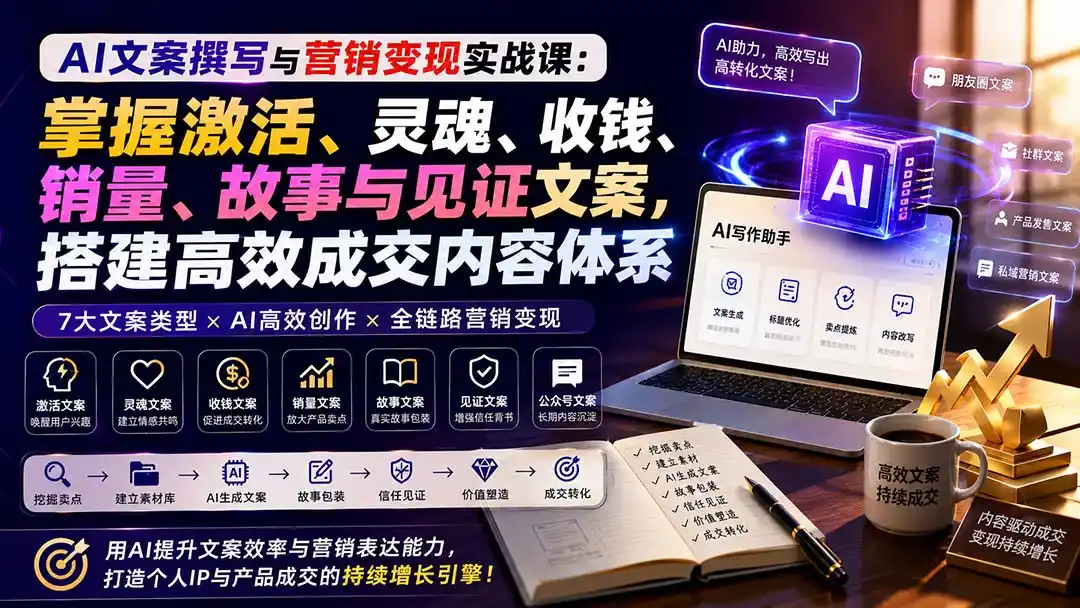 AI文案撰写与营销变现实战课:掌握激活、灵魂、收钱、销量、故事与见证文案,搭建高效成交内容体系- 0成本轻资产创业 | 虚拟项目 | 一人公司落地平台|清创生财清风筹谋网赚库