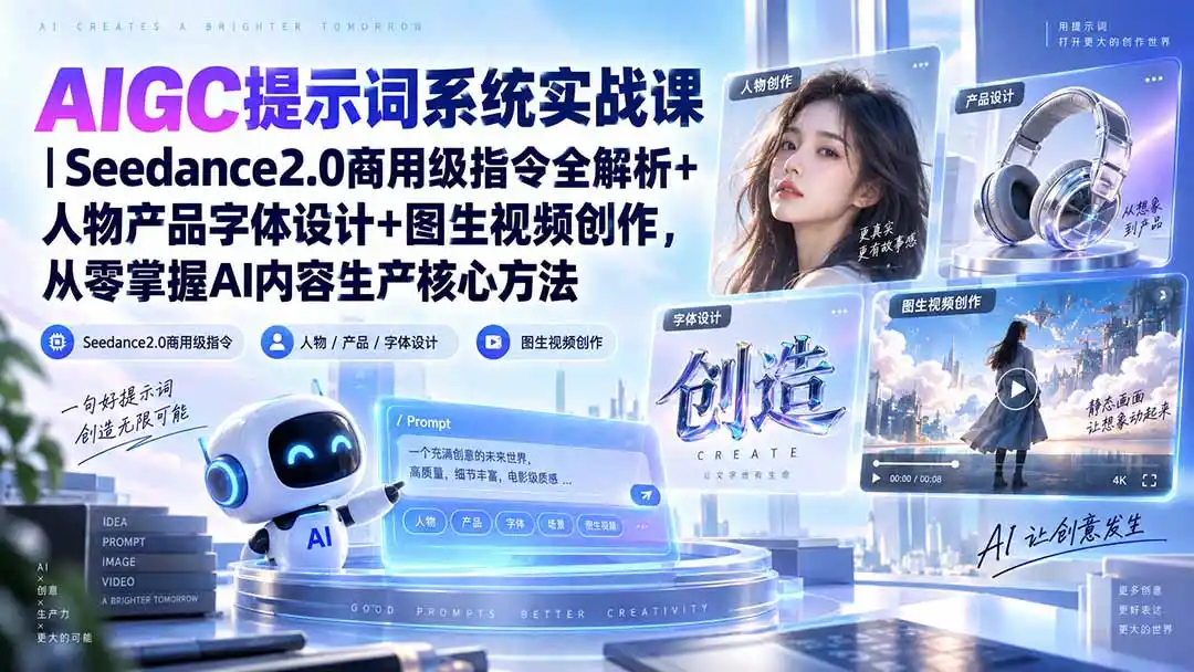 AIGC提示词系统实战课-无水印|Seedance2.0商用级指令全解析+人物产品字体设计+图生视频创作,掌握AI内容生产方法- 0成本轻资产创业 | 虚拟项目 | 一人公司落地平台|清创生财清风筹谋网赚库