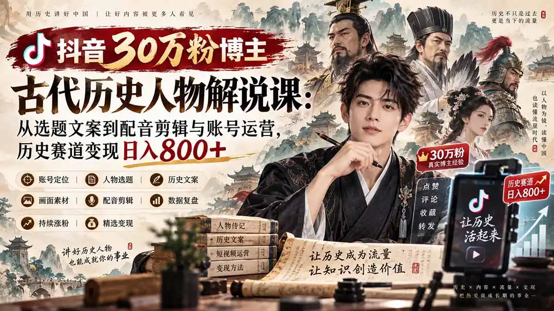 抖音30万粉博主古代历史人物解说课:从选题文案到配音剪辑与账号运营,历史赛道变现日入800+- 0成本轻资产创业 | 虚拟项目 | 一人公司落地平台|清创生财清风筹谋网赚库