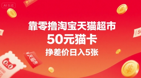 靠零撸淘宝天猫超市50元猫卡，挣差价日入5张-优优云网创优优云网创资源站