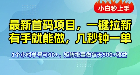 最新首码项目，一键拉新有手就能做，几秒钟一单，1个小时单号可60+，矩阵批量做每天5张【揭秘】-优优云网创优优云网创资源站