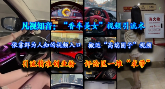 凡视知音：“香车美女”视频引流术，依靠鲜为人知的视频入口，搬运“高端圈子”视频，引流精准创业粉，评论区一堆“求带”-优优云网创优优云网创资源站
