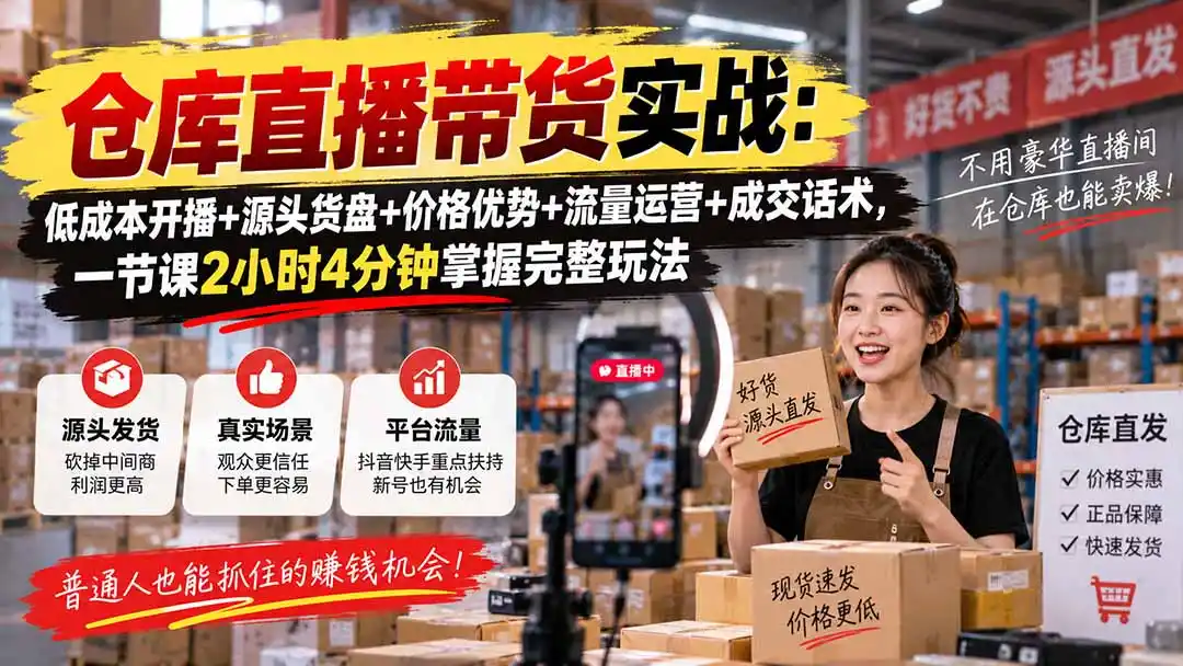 仓库直播带货实战:低成本开播+源头货盘+价格优势+流量运营+成交话术,一节课2小时4分钟掌握完整玩法- 0成本轻资产创业 | 虚拟项目 | 一人公司落地平台|清创生财清风筹谋网赚库