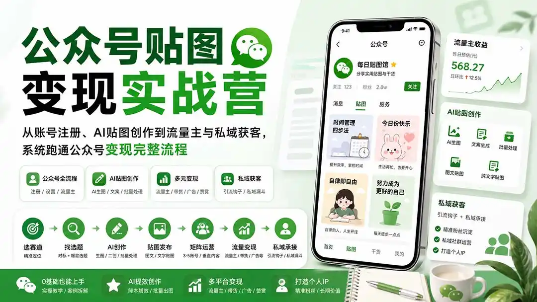 公众号贴图变现实战营:从账号注册、AI贴图创作到流量主与私域获客,系统跑通公众号变现完整流程- 0成本轻资产创业 | 虚拟项目 | 一人公司落地平台|清创生财清风筹谋网赚库