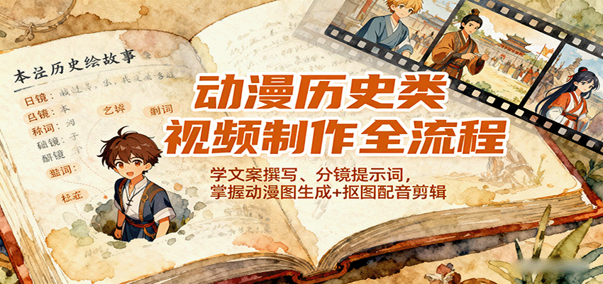 动漫历史类视频制作全流程，学文案撰写、分镜提示词，掌握动漫图生成+抠图配音剪辑-优优云网创优优云网创资源站