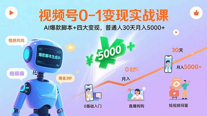 视频号0-1变现实战课：AI爆款脚本+四大变现，普通人30天月入5000+-优优云网创优优云网创资源站