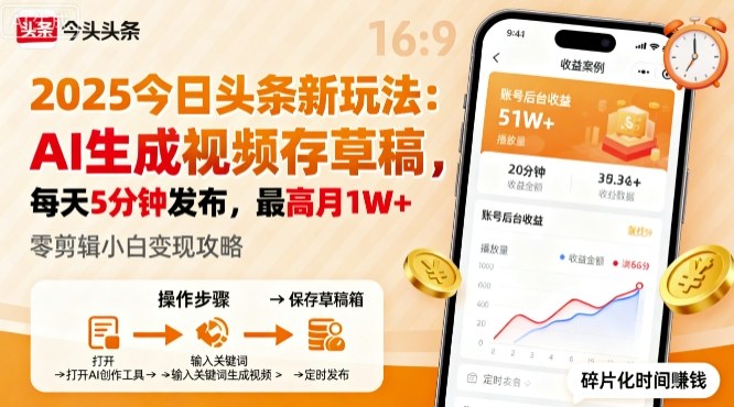 2025年今日头条躺賺新玩法，AI生成视频存草稿，每天5分钟发布，最高月1W+【揭秘】-优优云网创优优云网创资源站