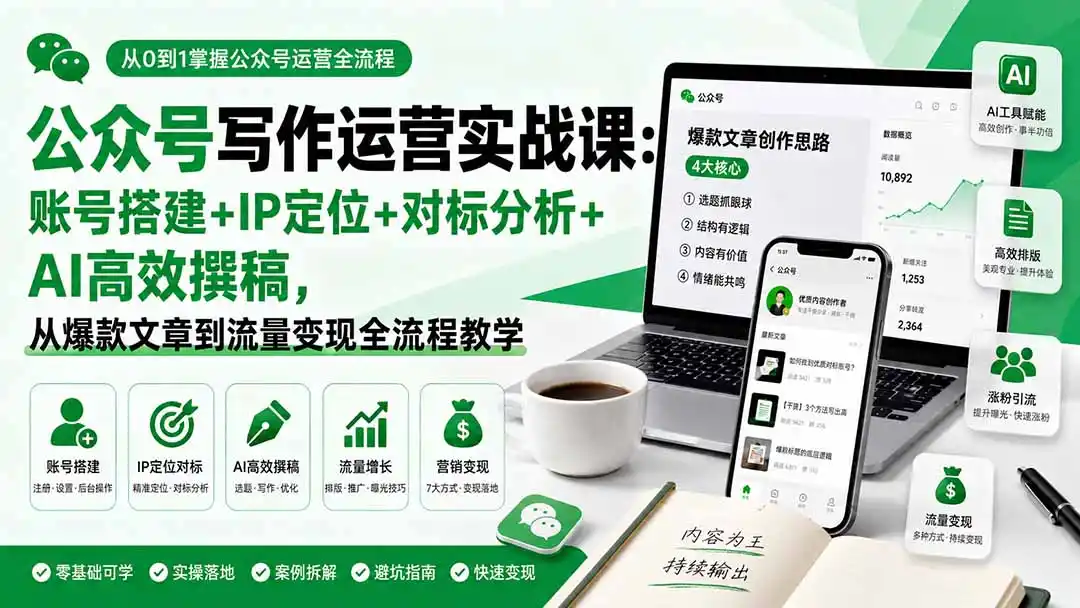 公众号写作运营实战课：账号搭建+IP定位+对标分析+AI高效撰稿，从爆款文章到流量变现全流程教学- 0成本轻资产创业 | 虚拟项目 | 一人公司落地平台|清创生财清风筹谋网赚库
