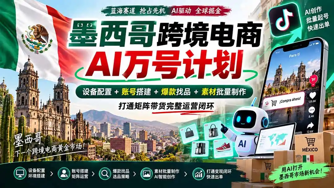 墨西哥AI跨境电商万号计划|设备配置+账号搭建+爆款找品+素材批量制作,打通矩阵带货完整运营闭环- 0成本轻资产创业 | 虚拟项目 | 一人公司落地平台|清创生财清风筹谋网赚库