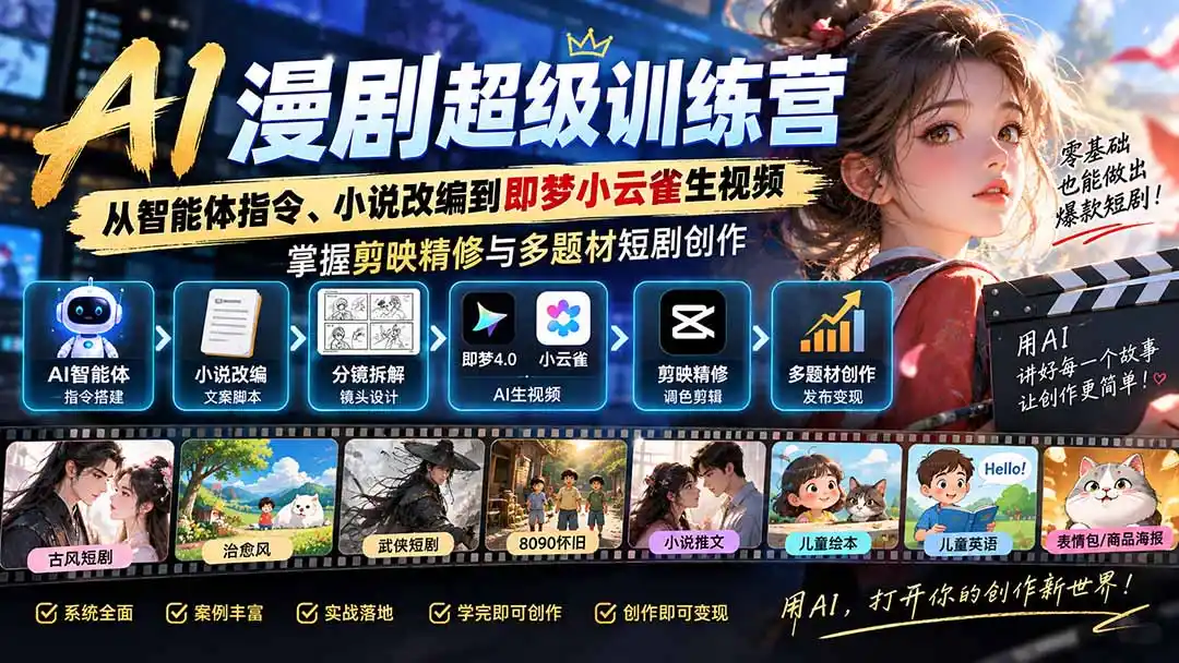 AI漫剧超级特训营:从智能体指令、小说改编到即梦小云雀生视频,掌握剪映精修与多题材短剧创作- 0成本轻资产创业 | 虚拟项目 | 一人公司落地平台|清创生财清风筹谋网赚库