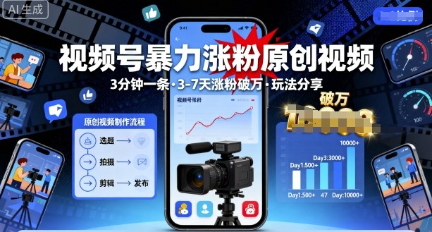 视频号暴力涨粉原创视频，3分钟一条原创视频，3-7天涨粉破万，玩法分享给你-优优云网创优优云网创资源站