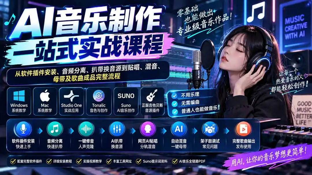 AI音乐制作一站式实战课程:从软件插件安装、音频分离、扒带换音源到贴唱、混音、母带及歌曲成品完整流程- 0成本轻资产创业 | 虚拟项目 | 一人公司落地平台|清创生财清风筹谋网赚库