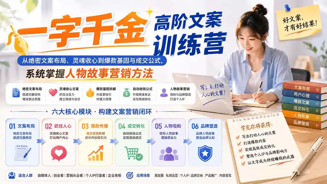 一字千金高阶文案训练营:从绝密文案布局、灵魂收心到爆款基因与成交公式,系统掌握人物故事营销方法- 0成本轻资产创业 | 虚拟项目 | 一人公司落地平台|清创生财清风筹谋网赚库