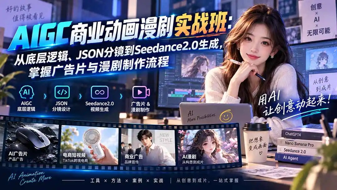 AIGC商业动画漫剧实战班-更新:从底层逻辑、JSON分镜到Seedance2.0生成,掌握广告片与漫剧制作流程- 0成本轻资产创业 | 虚拟项目 | 一人公司落地平台|清创生财清风筹谋网赚库