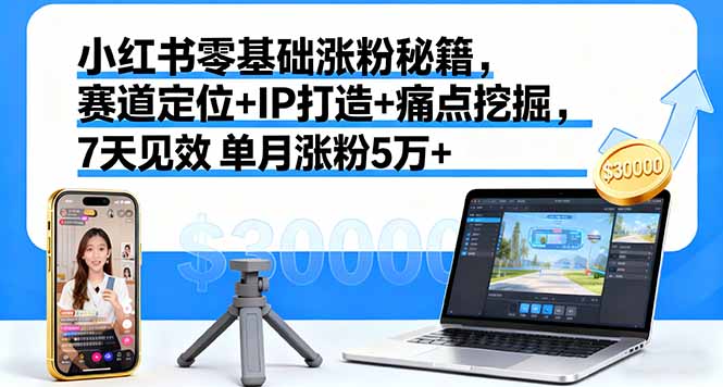 小红书零基础涨粉秘籍，赛道定位+IP打造+痛点挖掘，7天见效 单月涨粉5万+-优优云网创优优云网创资源站