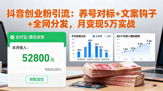 抖音创业粉引流:养号对标+文案钩子+全网分发,月变现5万实战-优优云网创