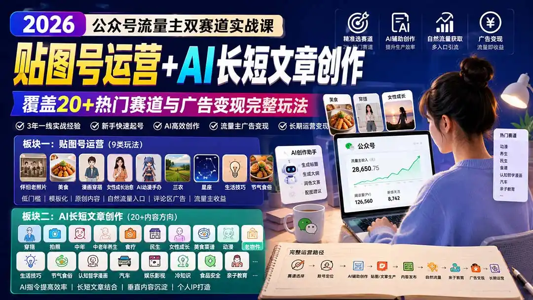 公众号流量主双赛道实战课:贴图号运营+AI长短文章创作,覆盖20+热门赛道与广告变现完整玩法- 0成本轻资产创业 | 虚拟项目 | 一人公司落地平台|清创生财清风筹谋网赚库
