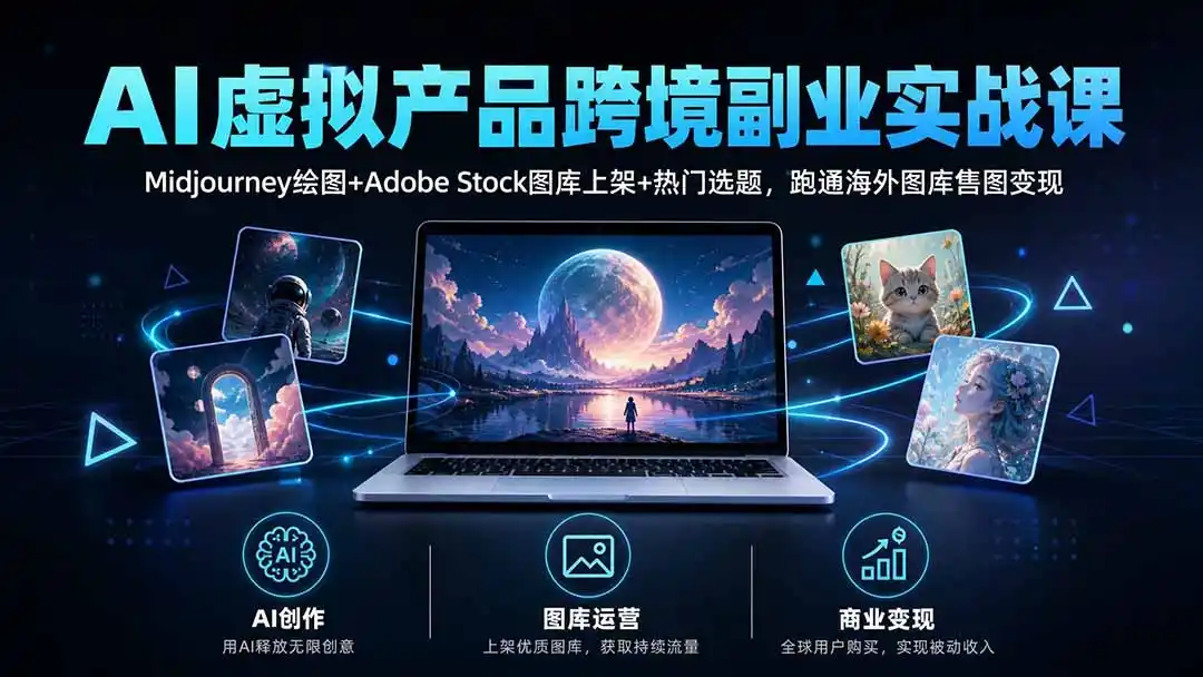 AI虚拟产品跨境副业实战课｜Midjourney绘图+Adobe Stock图库上架+热门选题，跑通海外图库售图变现- 0成本轻资产创业 | 虚拟项目 | 一人公司落地平台|清创生财清风筹谋网赚库