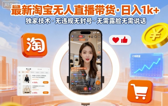 最新淘宝无人直播带货，日入1k+，独家技术，无违规无封号，无需露脸无需说话【揭秘】-优优云网创优优云网创资源站