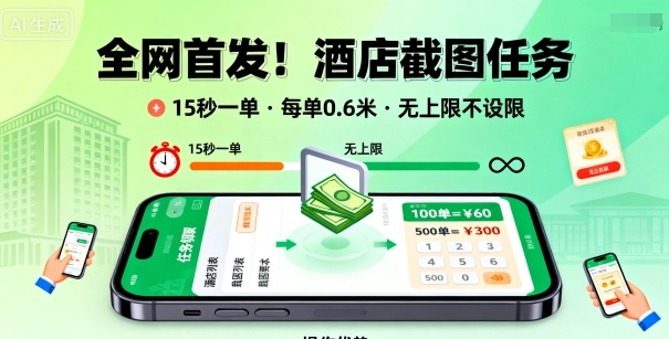 全网首发！酒店截图任务，15秒一单，每单0.6米，任务无上限不设限，矩阵操作单日3张到手【揭秘】-优优云网创优优云网创资源站