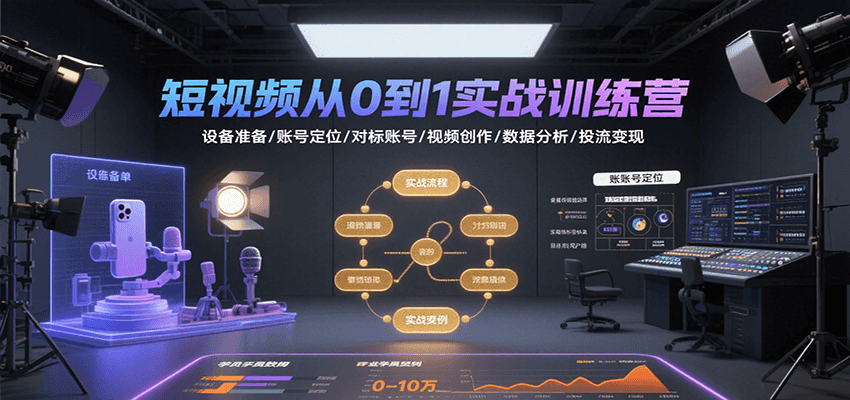 短视频从0到1实战训练营：设备准备/账号定位/对标账号/视频创作/数据分析/投流变现-优优云网创优优云网创资源站