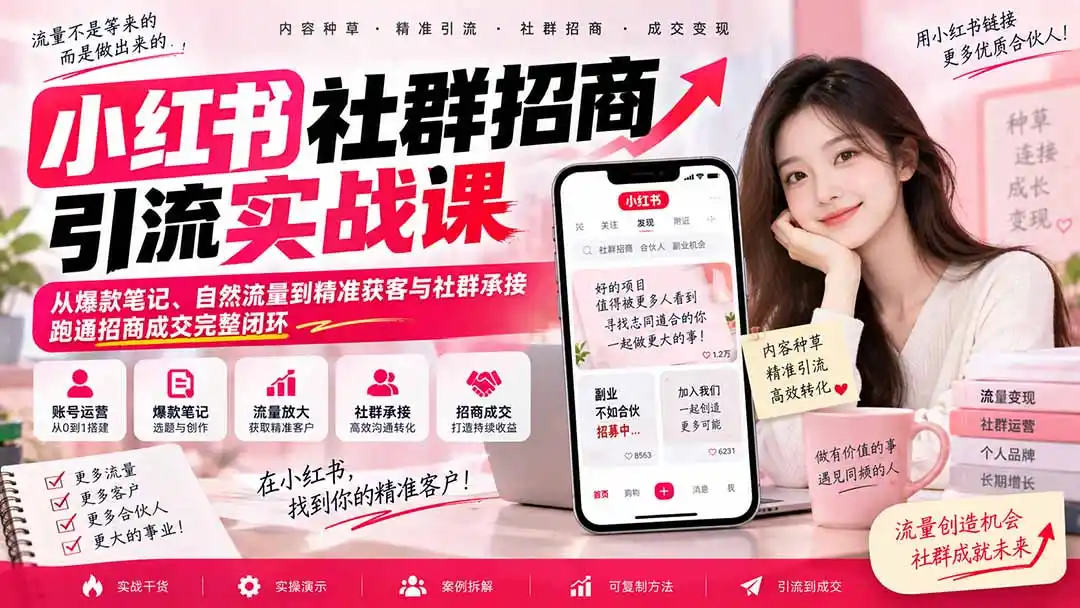 小红书社群招商引流实战课-无水印:从爆款笔记、自然流量到精准获客与社群承接,跑通招商成交完整闭环- 0成本轻资产创业 | 虚拟项目 | 一人公司落地平台|清创生财清风筹谋网赚库