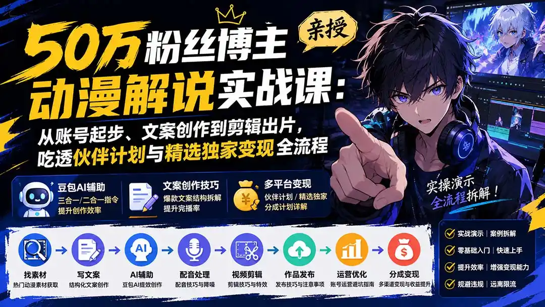 50万粉丝博主亲授动漫解说实战课：从账号起步、文案创作到剪辑出片，吃透伙伴计划与精选独家变现全流程- 0成本轻资产创业 | 虚拟项目 | 一人公司落地平台|清创生财清风筹谋网赚库