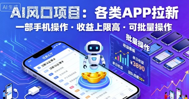 AI风口项目，各类APP拉新，一部手机就可以操作，收益上限高，可批量操作-优优云网创优优云网创资源站