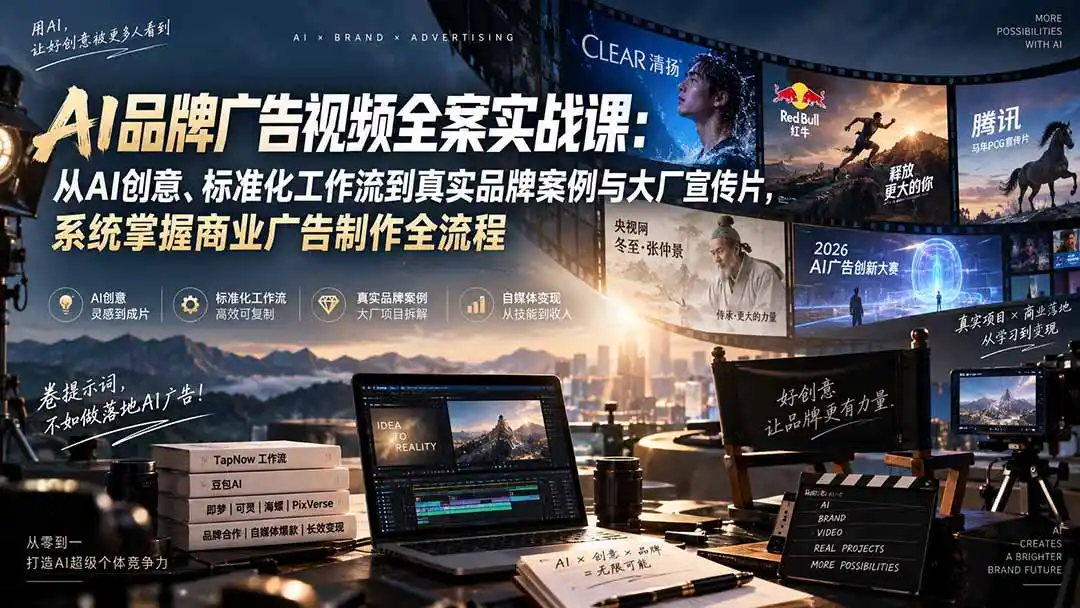 AI品牌广告视频全案实战课：从AI创意、标准化工作流到真实品牌案例与大厂宣传片，系统掌握商业广告制作全流程- 0成本轻资产创业 | 虚拟项目 | 一人公司落地平台|清创生财清风筹谋网赚库