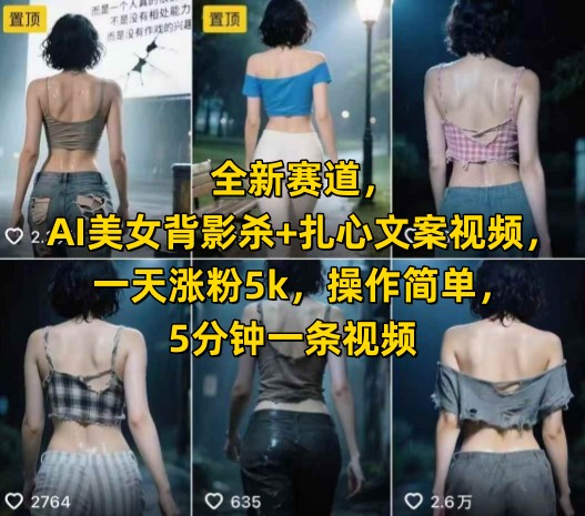 全新赛道，AI美女背影杀+扎心文案视频，一天涨粉5k，操作简单，5分钟一条视频-优优云网创优优云网创资源站