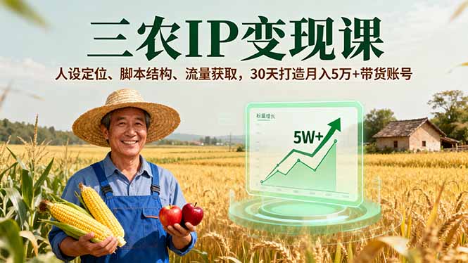 三农IP变现课，人设定位、脚本结构、流量获取，30天打造月入5万+带货账号-优优云网创优优云网创资源站