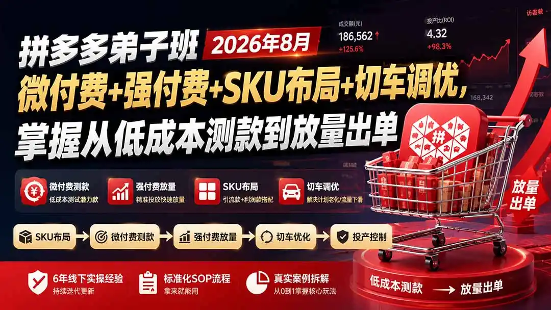 拼多多弟子班2026年8月：微付费+强付费+SKU布局+切车调优，掌握从低成本测款到放量出单- 0成本轻资产创业 | 虚拟项目 | 一人公司落地平台|清创生财清风筹谋网赚库