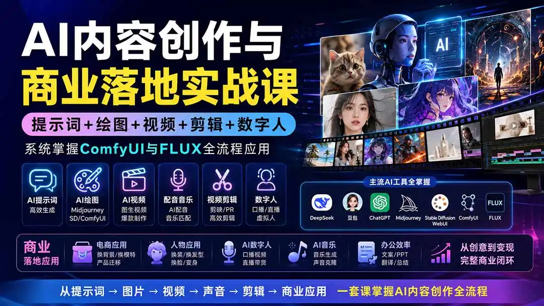 AI内容创作与商业落地实战课:提示词+绘图+视频+剪辑+数字人,系统掌握ComfyUI与FLUX全流程应用- 0成本轻资产创业 | 虚拟项目 | 一人公司落地平台|清创生财清风筹谋网赚库