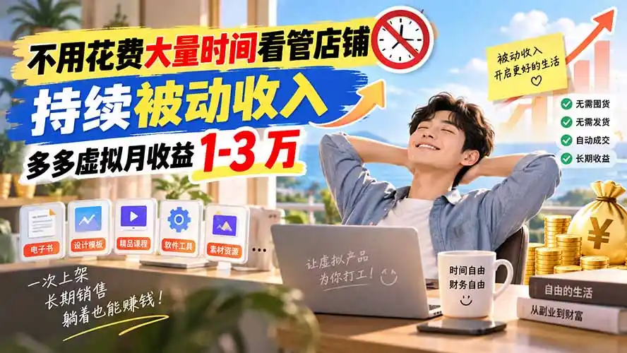 不用花费大量时间看管店铺，持续被动收入，多多虚拟月收益 1-3 万- 0成本轻资产创业 | 虚拟项目 | 一人公司落地平台|清创生财清风筹谋网赚库